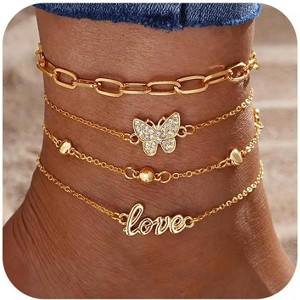 14K Gold Plated Ankle Bracelets Sets For Women, Adjustable Layered Anklet - 1 of 4