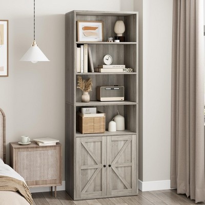 Bookcase with Doors Farmhouse Bookshelf 11.8in Depth Wooden Display Storage Shelves 71.4in Tall Bookcases