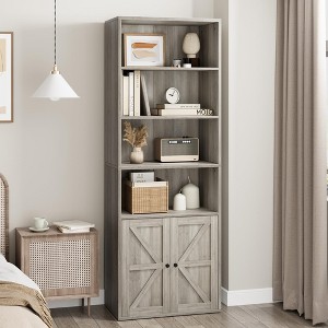 Bookcase with Doors Farmhouse Bookshelf 11.8in Depth Wooden Display Storage Shelves 71.4in Tall Bookcases - 1 of 4