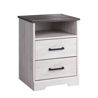 Washed White 2-Drawer Nightstand with Open Cubby and Gray Top