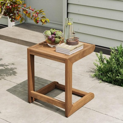 Outdoor C-Shaped Acacia Wood Side Table,Modern Square End Table with Natural Finish for Sofa Bedside,Living Room Small Accent Table-Coolbibila