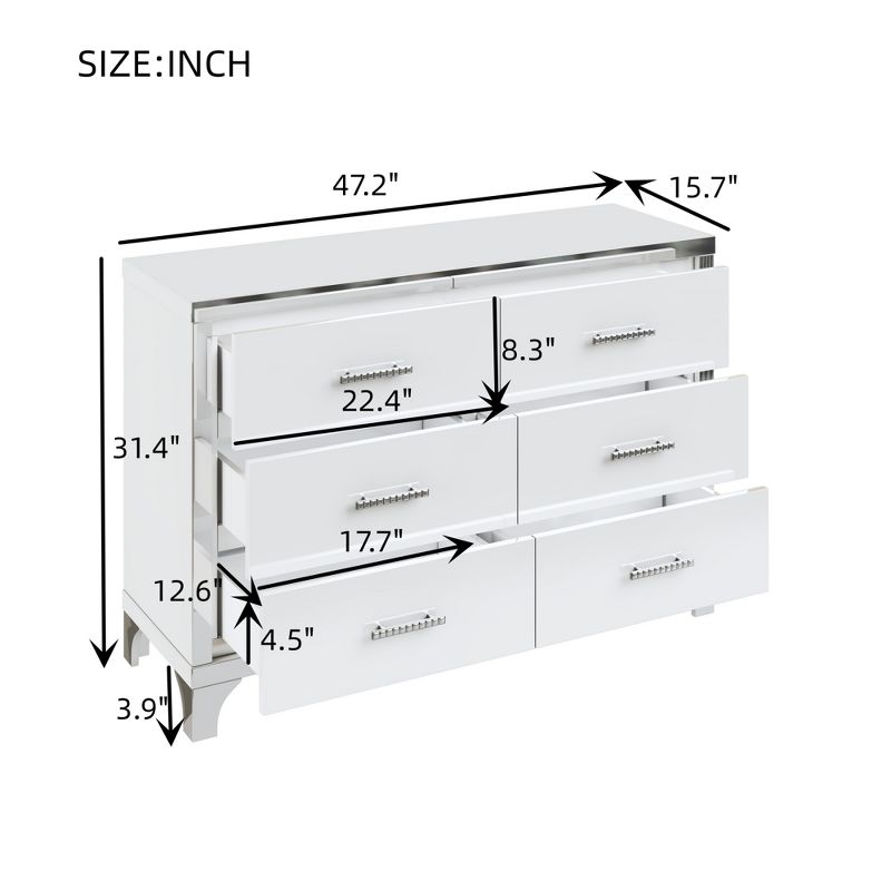 Modern High Gloss Dresser with Metal Handle, Storage Cabinet with 6 Drawers, White-ModernLuxe, 3 of 8