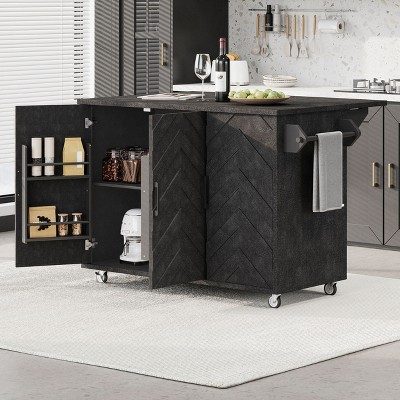 Wave Stripes Ash Veneer Kitchen Island with Drop Leaf, Farmhouse Style, Wheels, and Internal Storage Rack