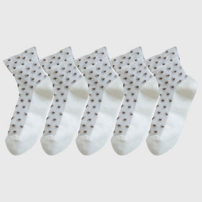 Alilang Women's 5pk Sheer Ankle Socks with Polka Dot Design - White
