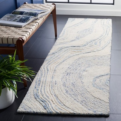 Handmade Blue and Ivory Wool Tufted Reversible Rug, 2' 3" x 8'