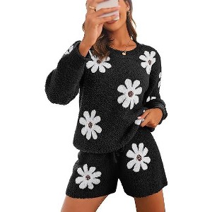 Ekouaer Fuzzy Fleece Pajamas 2 Piece Warm Soft Lounge Set Long Sleeve Sweater Top and Shorts Loungewear Outfits Sweatsuits - 1 of 3