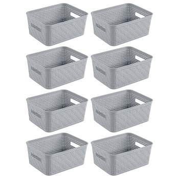 Sterilite 10x8x4.25 Inch Rectangular Weave Pattern Short Basket with Handles for Pantry, Bathroom & Laundry Room Storage Organization, Cement (8 Pack)