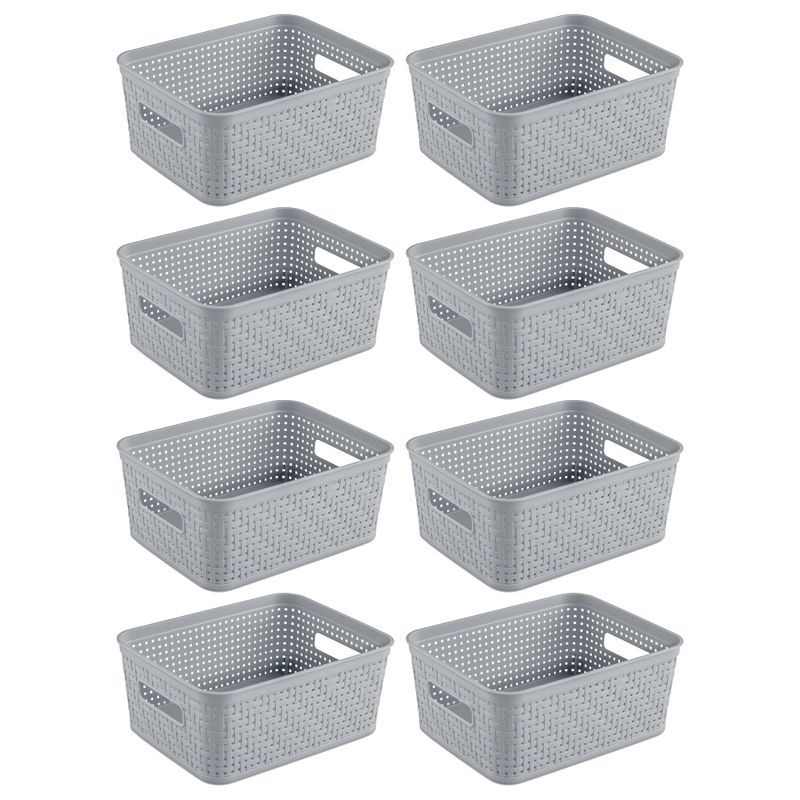 Sterilite 10x8x4.25 Inch Rectangular Weave Pattern Short Basket with Handles for Pantry, Bathroom & Laundry Room Storage Organization, Cement (8 Pack), 1 of 7