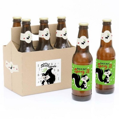 Big Dot of Happiness Little Stinker - Woodland Skunk Baby Shower or Birthday Party Décor for Women & Men - 6 Beer Bottle Label Stickers & 1 Carrier