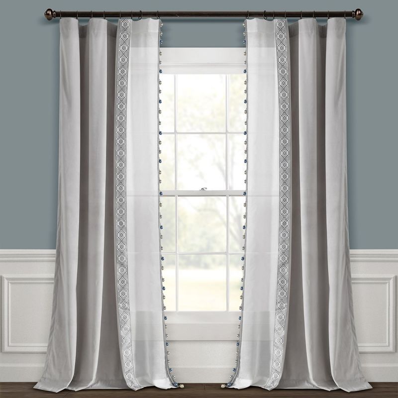 Luxury Vintage Velvet And Sheer With Border Pompom Trim Window Curtain Panel Light Gray Single 42X84, 3 of 7