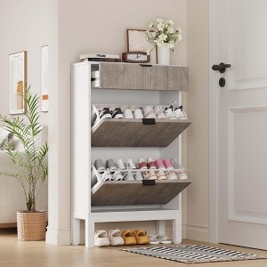 CuisinSmart Shoe Cabinet with 3 Flip Doors & 1 Drawer, Entrance Wooden Shoe Rack with Iron Legs, Narrow Shoe Rack Cabinet for Entryway, White+Grey - 1 of 4