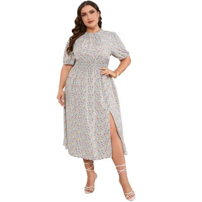 LXT-Women's Plus Size Dress Smocked Waist Side Split Boho Floral Dresses