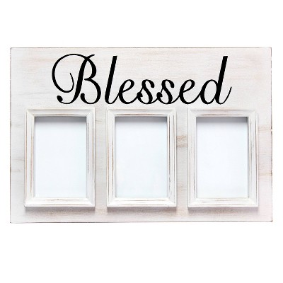 White Wash Wood Triptych Photo Frame with Blessed Typography