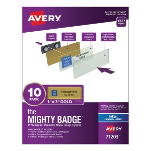 Avery The Mighty Badge Name Badge Holder Kit, Horizontal, 3 x 1, Inkjet, Gold, 10 Holders/ 80 Inserts - 1 of 4