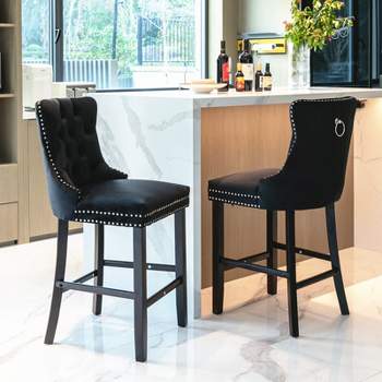 Set of 2 Velvet Upholstered Barstools with Button Tufted Decoration, Chrome Nailhead Trim and Wooden Legs-ModernLuxe