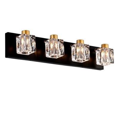 VYNXARIA Matte Black + Gold Wall Lights, 4-Light Vanity Fixture with Crystal Glass Shades for Bathroom and Hallway