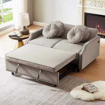Sofa Bed Couch, Convertible Pull-out Sofa Bed With 3 Levels Adjustable Backrest, 4 Floral Pillows, 2 USB Ports