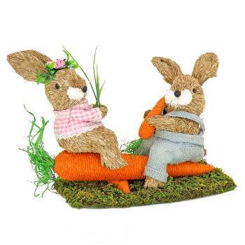 National Tree Company Two Bunnies Table Decoration, Two Bunnies Resting on Carrot, Artificial Grassy Base, Easter Collection, 14 Inches