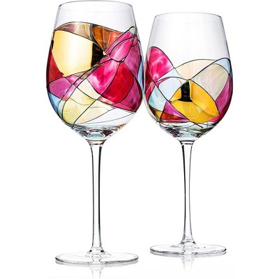The Wine Savant Hand Painted Renaissance Flow Design Wine Glasses, Beautiful Stained-Glass Pattern, Unique & Stylish Home Decor - 2 pk