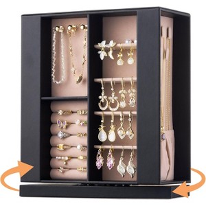 360° Rotating Jewelry Box Organizer, Ivory Leather with Pink Velvet Vertical Storage Case - 1 of 4
