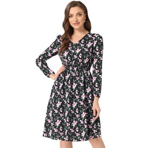 Allegra K Women's Floral Print V-Neck Smocked Waist Midi Dress - 1 of 4