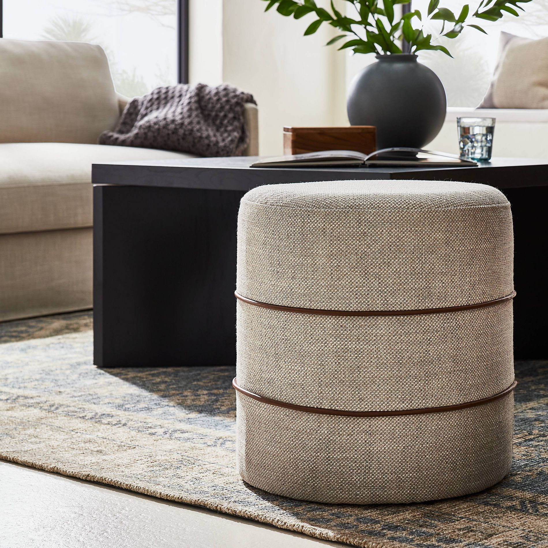 Catalina Round Ottoman Cream with Leather Piping - Threshold™ designed with Studio McGee
