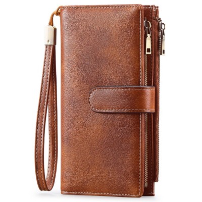 BEAFUP Womens Wallets,Large Capacity Credit Card Holder RFID,Wallet Women Double Zipper Pocket Leather Bifold Ladies Wristlet Clutch Wallet,Brown