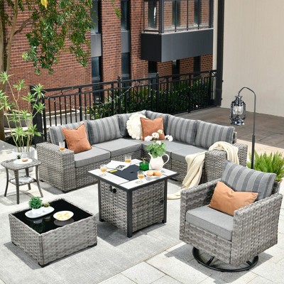 XIZZI 9-Piece Wicker Outdoor Patio Fire Pit Sectional Sofa Set with Cushions, All Weather Conversation Couch Set and Swivel Rocking Chairs