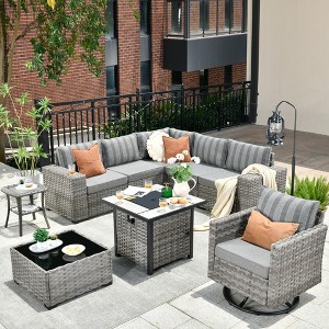 XIZZI 9-Piece Wicker Outdoor Patio Fire Pit Sectional Sofa Set with Cushions, All Weather Conversation Couch Set and Swivel Rocking Chairs - 1 of 4
