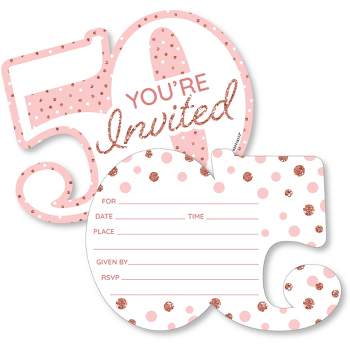 Big Dot of Happiness 50th Pink Rose Gold Birthday - Shaped Fill-In Invitations - Happy Birthday Party Invitation Cards with Envelopes - Set of 12