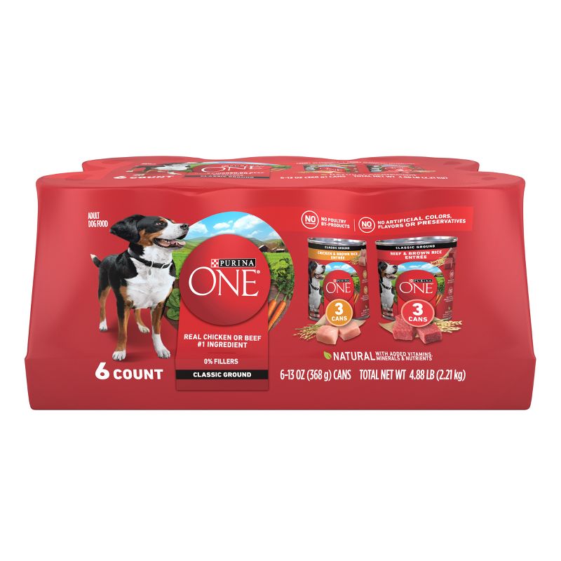 Purina ONE Natural Pat&#233; Classic Ground Entr&#233;e Variety Pack Rice, Chicken and Beef Flavor Wet Dog Food - 13oz/6ct, 1 of 10