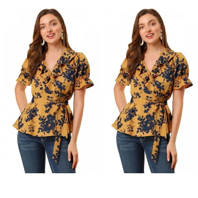 INSPIRE CHIC Women's Floral V Neck Tie Waist Belted Ruffle Wrap Shirt 2 Pcs