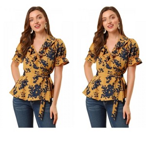 INSPIRE CHIC Women's Floral V Neck Tie Waist Belted Ruffle Wrap Shirt 2 Pcs - 1 of 4
