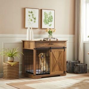 Large Dog Crate Furniture with Barn Door & Storage Drawer, Fits Dogs up to 100 lbs - 1 of 4