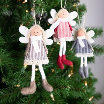 Set of 3 Hanging Angel Doll Christmas Ornaments with Striped Dresses