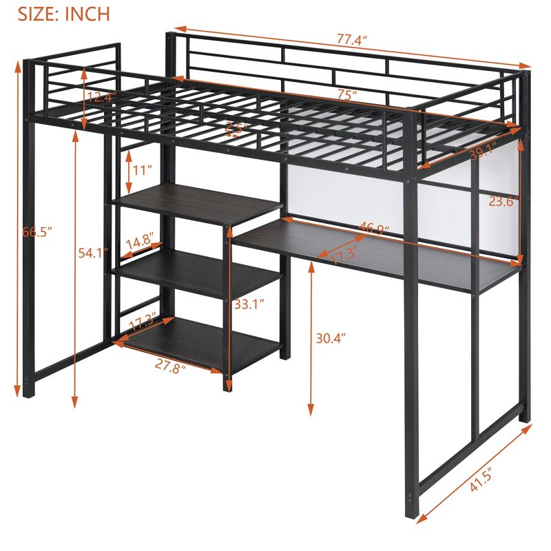 Full/Twin Size Loft Bed with Desk and Whiteboard, Metal Bed with 3 Shelves and Ladder - ModernLuxe, 3 of 13