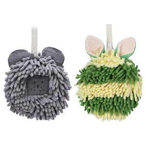 REGALWOVEN Rabbit Shape Quick Drying Soft Absorbent Decorative Chenille Fuzzy Ball Hand Towels with Hanging Loops 7" x 7" 2 Pcs - 1 of 4