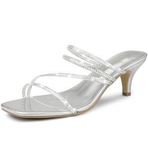 Allegra K Women's Rhinestone Strappy Square Toe Kitten Heel Slide Sandals - 1 of 4
