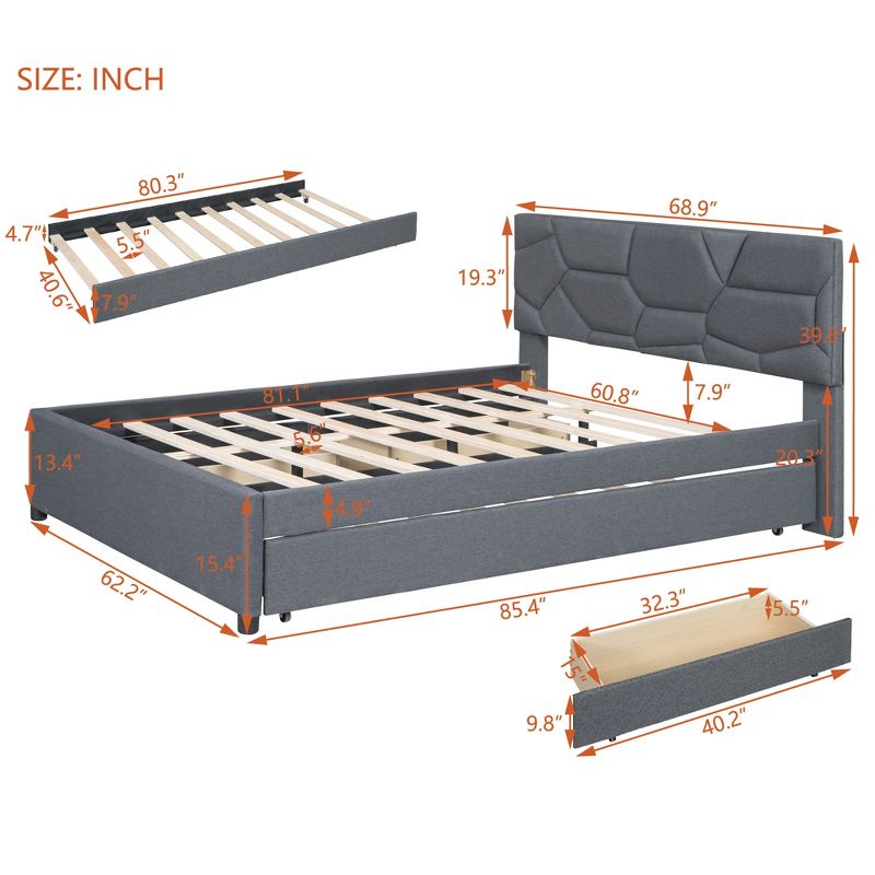 Upholstered Platform Bed with Brick Pattern Headboard, Trundle Bed and 2 drawers-ModernLuxe, 3 of 15
