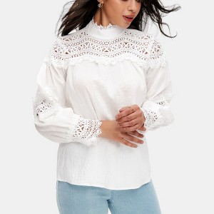 Knit & Lounge Women’s Lace Yoke Blouse High Neck Long Sleeve Romantic Top with Embroidered Details - 1 of 4