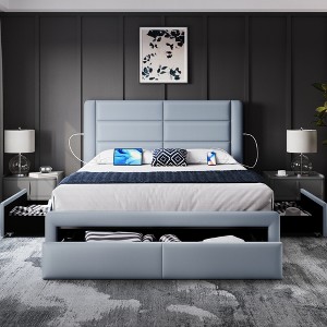 Yaheetech Upholstered Bed Frame with 3 Storage Drawers and Built-In USB Ports - 1 of 4