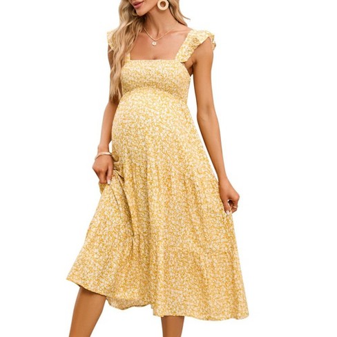 Womens Maternity Dress Summer Sleeveless Smocked Square Neck Ruffle ...