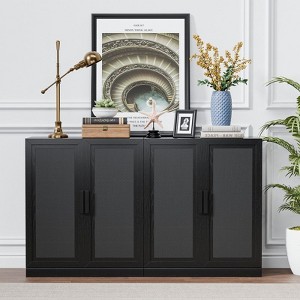 PexFix 62" W x 31" H Modern Sideboard Cabinet with 4-Doors Rattan Panels Buffet Console Accent Storage Cabinet for Hallway Entryway Dining Room Black - 1 of 4
