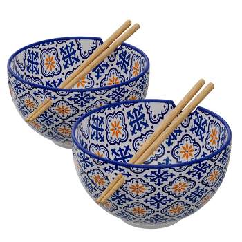 American Atelier Stoneware Ramen Bowl with Chopsticks, Set of 2, Udon Noodle Bowls, Soup Bowl for Kitchen, 6" D 21 Oz