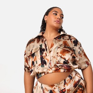 Rebdolls Women's Naima Satin Abstract Print Knotted Front Crop Top - 1 of 3