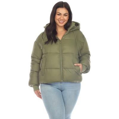 Plus Size Full Front Zip Hooded Bomber Puffer Coat  - White Mark