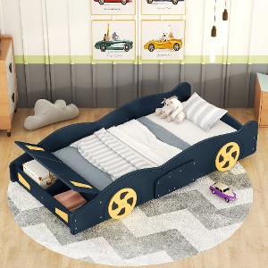 Lyngins Twin Size Race Car-Shaped Platform Bed Frame with Decorative Wheels & Built-In Storage, Wooden Toddler Bed with Safe Side Rails - 1 of 4