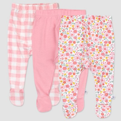 Honest Baby Girls' 3pk Organic Cotton Fall Floral Footed Harem Pull-On Pants - Pink Newborn