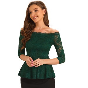 Allegra K Women's Elegant Lace Floral Semi Sheer 3/4 Sleeve Off Shoulder Peplum Top - 1 of 4