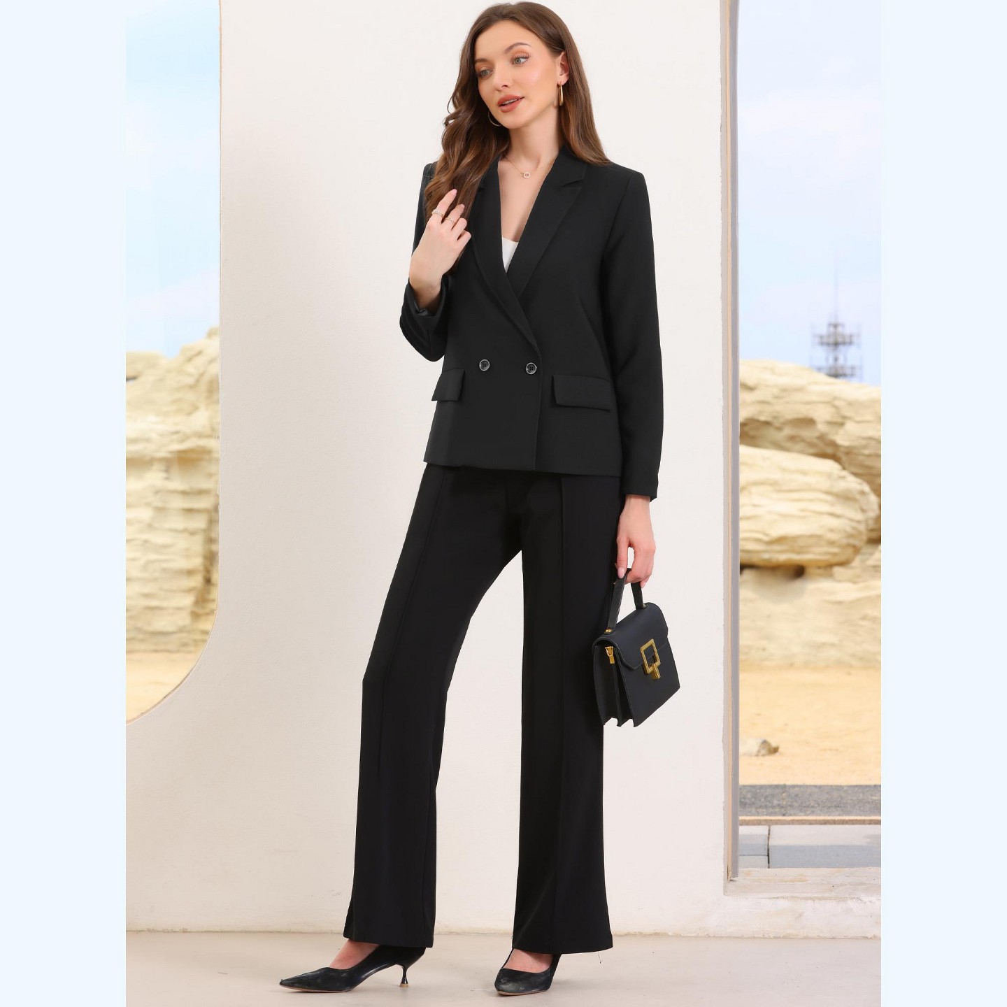 Женский пиджак INSPIRE CHIC Double Breasted Notched Lapel Long Sleeve Work Office Suit Jacket Blazer Medium Black, цвет: Чёрный — фото 4